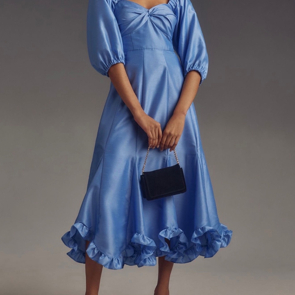 Anthropologie-Hutch Printed Twist-Front Puf Sleeve Ruffle Hem Midi Dress